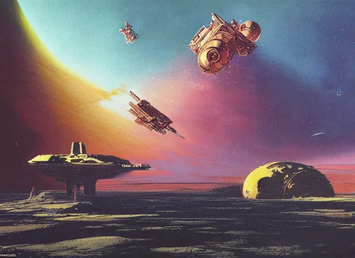 Image similar to a huge vividly - coloured spacecraft in an empty landscape by martin deschambault, dean ellis, peter elson, josan gonzalez, david a hardy, john harris, wadim kashin, angus mckie, bruce pennington, retro 1 9 7 0 s sci - fi art