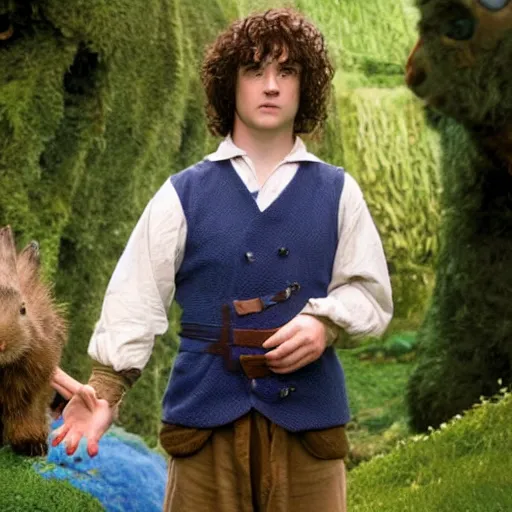 Image similar to a british lad as Bartook a teen hobbit with short curly dark brown hair wearing a blue vest with a white sash standing next to a giant rabbit, high resolution film still, movie by Peter Jackson