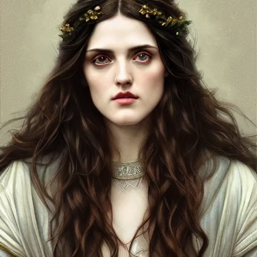 Image similar to beautiful striking Pre-Raphaelite Katie McGrath by Artgerm and Greg Rutkowski, intricate, elegant, highly detailed, digital painting, pale, perfect eyes, symmetrical face