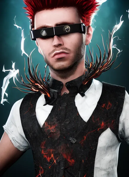 Prompt: An epic fantasy comic book style portrait painting of young man with long red spiked hair. Wearing a black waistcoat, white shirt, using googles. Rockstar. Blasting fire on his hands. Unreal 5, DAZ, hyperrealistic, octane render, cosplay, RPG portrait, dynamic lighting