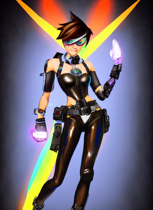 Image similar to full body digital artwork of tracer overwatch, wearing black iridescent rainbow latex, 4 k, expressive happy smug expression, makeup, in style of mark arian, wearing detailed black leather collar, wearing chains, black leather harness, leather cuffs around wrists, detailed face and eyes,