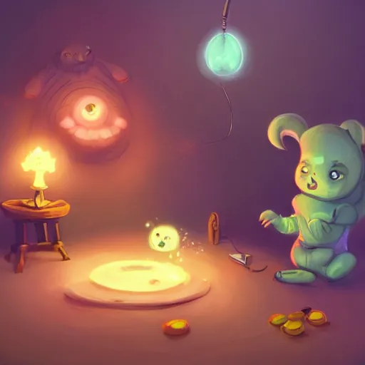 Image similar to a super cute demon playing with his magical power in his home ,chubby,concept art trending on artstation, deviantart, very detailed , glowing effect, magic