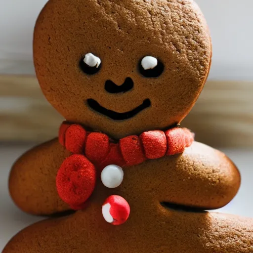 Prompt: a gingerbread man sits in a gingerbread house, contemplating existential dread. is he made of house? or is the house made of flesh? he screams for he does not know.