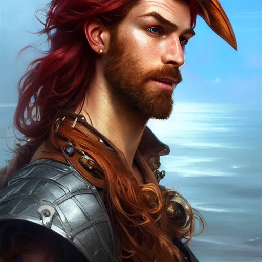 Image similar to portrait of a young ruggedly handsome but optimistic pirate, male, masculine, upper body, red hair, long hair, d & d, fantasy, intricate, elegant, highly detailed, digital painting, artstation, concept art, matte, sharp focus, illustration, art by artgerm and greg rutkowski and alphonse mucha