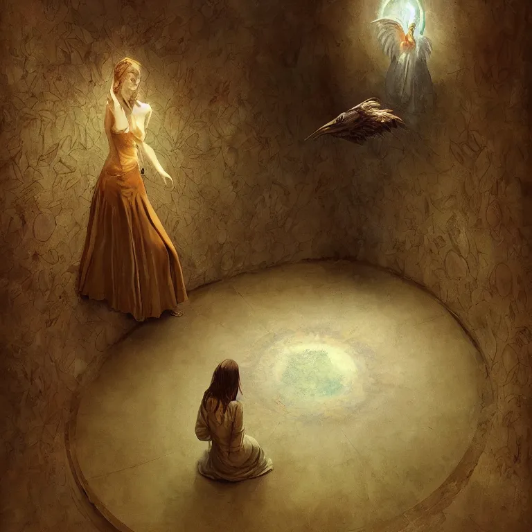 Image similar to angel watching mirror, 3 d render, esao andrews, surrealism, greg rutkowski