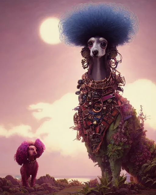 Image similar to highly detailed surreal vfx portrait of a rococopunk poodle, stephen bliss, unreal engine, greg rutkowski, loish, rhads, beeple, makoto shinkai and lois van baarle, ilya kuvshinov, rossdraws, tom bagshaw, alphonse mucha, global illumination, detailed and intricate environment