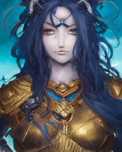 Image similar to An anime portrait of a beautiful D&D half-orc female with long wavy dark blue hair, bright orange eyes, intricate full body armour, fantasy soldier, by Stanley Artgerm Lau, WLOP, Rossdraws, James Jean, Andrei Riabovitchev, Marc Simonetti, and Sakimichan, highly detailed, ultra detailed, golden hour, trending on artstation, cgstudio