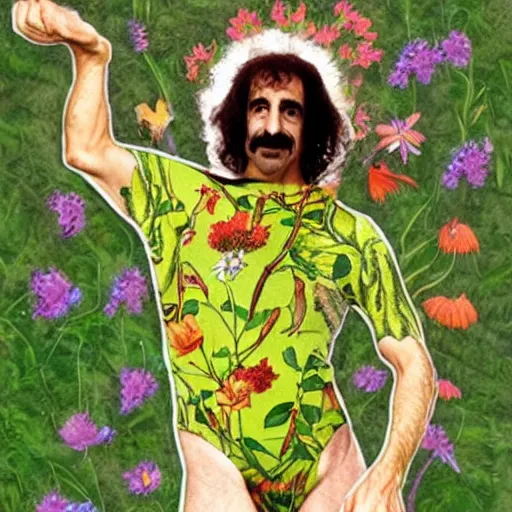 Image similar to Frank Zappa as a forest druid wearing a floral leotard frolicking in the hooded forest of verdant turmeric roots