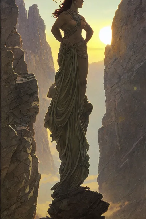 Prompt: an ultradetailed colossal magnificent stone sculpture carved from the top of a massive mountain of an elegant woman with a hand raised to the sky, fine detail, sunrise on the horizon in the background, stone hand raised up, 8 k, art by greg rutkowski and alphonse mucha and andreas rocha and albert bierstadt