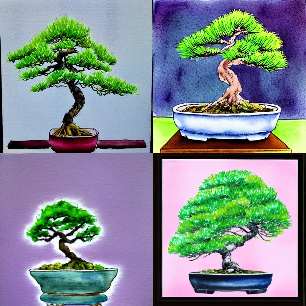 Prompt: bonsai tree, pastel background, watercolor and ink