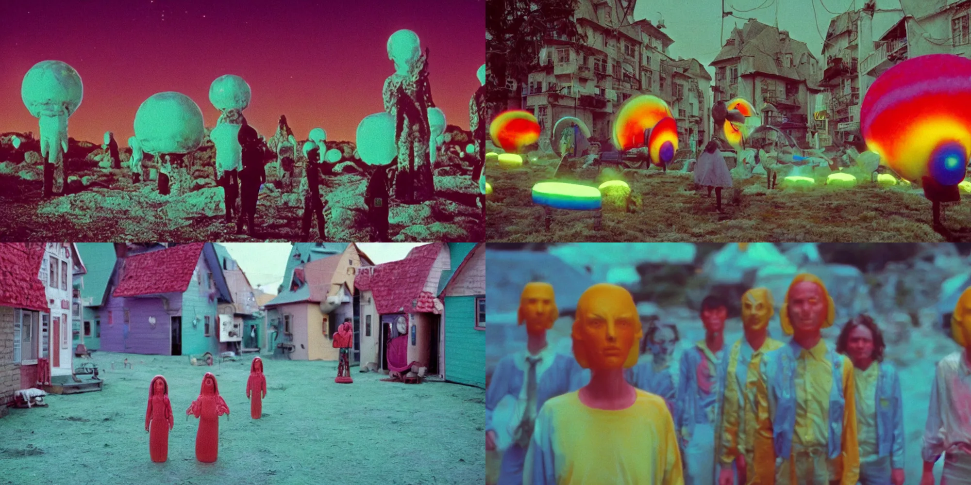 Prompt: surreal pyschedelic aliens in their glowing village directed by wes anderson, cinestill 8 0 0 t, 1 9 8 0 s movie still, film grain