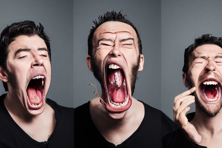 Prompt: picture of two angry men with gigantic mouths screaming at eachother beautiful lighting studio portrait full shot