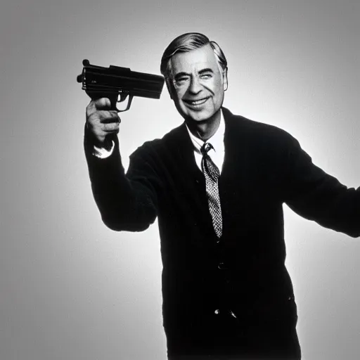 Image similar to Mr. Rogers holding a gun