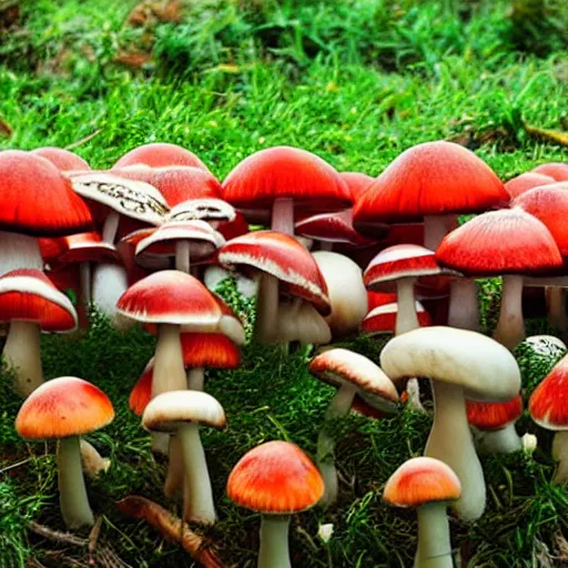 Image similar to field of colorful mushrooms, realistic, pretty