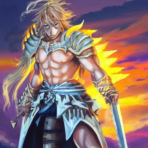 Image similar to painting of siegfried from soulcalibur!!!!!, watching a purple and orange sunset!!, from the black mage cemetery!!!, in the style of justin gerard!!!!