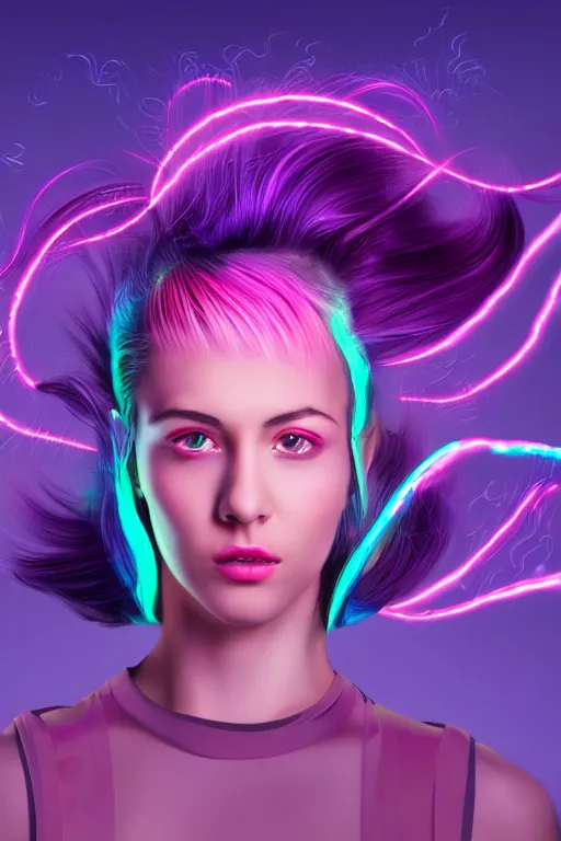 Image similar to a award winning half body portrait of a beautiful woman in a croptop and cargo pants with ombre purple pink teal hairstyle with head in motion and hair flying, surrounded by whirling illuminated lines, outrun, vaporware, shaded flat illustration, digital art, trending on artstation, highly detailed, fine detail, intricate