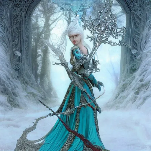 Image similar to an epic concept art of a handsome androgynous snow elf in a turquoise cape and glittering silver ornate armour stringing a bow, albino skin, winter vibes, evocative dramatic mood, intricate, elegant, by tomasz alen kopera and alphonse mucha, sharp focus, octane render, unreal 5, trending on artstation