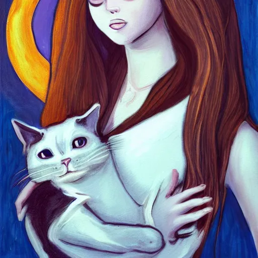 Image similar to a painting of a girl with long dark hair holding a cat in her arms, pexels contest winner, rasquache, high quality photo, rtx, hd, shiny eyes, a renaissance painting by sailor moon, anime, anime aesthetic