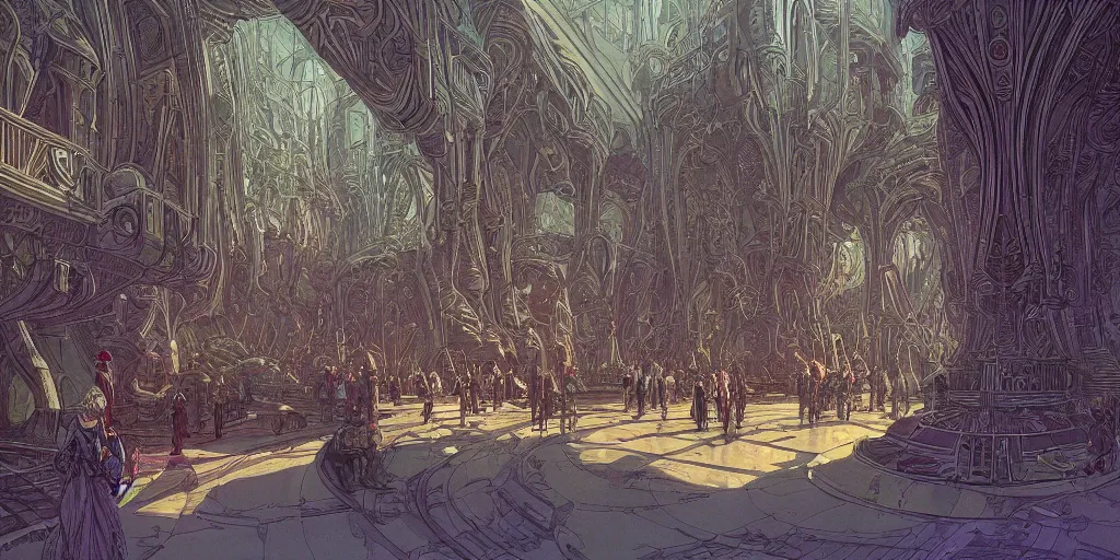 Prompt: matte illustration, cinematic shot of the interior of a scifi space station with ornate elven architecture bustling with people by jean giraud moebius, crystalline, emerald, highly detailed matte illustration by moebius, clean lines, sharp focus, intricate, elegant