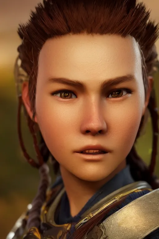 Prompt: aloy from horizon : forbidden west at night. photoreal, closeup portrait. shallow depth of field field.