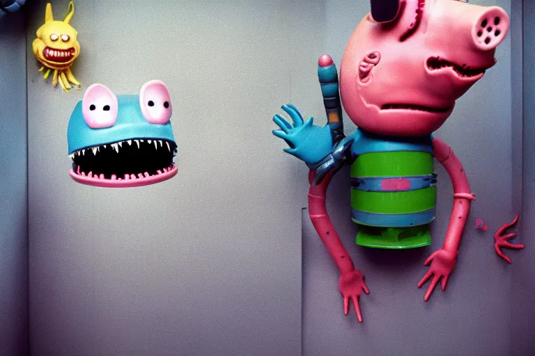 Prompt: peppa the pig with xenomorph body from movie alien 1 9 7 9, staying at nostromo spaceship. extreme long shot, cinestill, black and blue and acid green colors