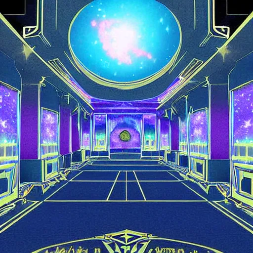 Prompt: epic professional digital art of the ruins of peach castle lobby, It would take place in space, with nebulas and stars in the background but with like, barely any walls inside, floating around in the space area, it would have a velvet blue aesthetic too, The logo on the carpet would be velvet room logo and there would be a throne in the room as well with a dark gray and blue aesthetic, best on artstation, breathtaking, epic, stunning, gorgeous, much detail, much wow, cgsociety, wlop, pixiv, behance, deviantart, masterpiece