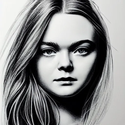 Prompt: Elle Fanning, head and shoulders portrait, extremely detailed masterpiece, white line art on matte black paper,