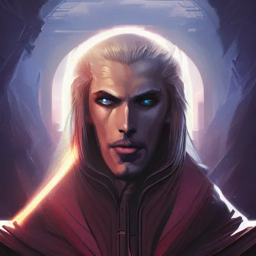 Prompt: portrait of a Castlevania\'s Dracula, in a sci fi setting, cyberpunk setting, highly detailed, digital painting, artstation, smooth, sharp focus, illustration, art by artgerm and greg rutkowski and alphonse mucha