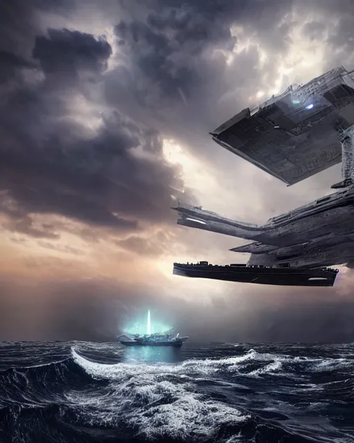 Image similar to scifi action scene of a fishing boat on stormy seas, a very large star destroyer spaceship flying overhead, the very large star destroyer spaceship is emerging from storm clouds, sunset lighting, stormy weather, dramatic lighting, unreal engine, hyper realism, realistic shading, cinematic composition, realistic render, octane render, detailed textures, photorealistic, ultrawide shot, 1 6 mm lens