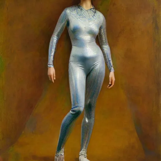 Image similar to full body portrait of a beautiful woman wearing a transparent plastic skin tight jumpsuit, Edgar Maxence and Ross Tran and Michael Whelan and Gustav Klimpt