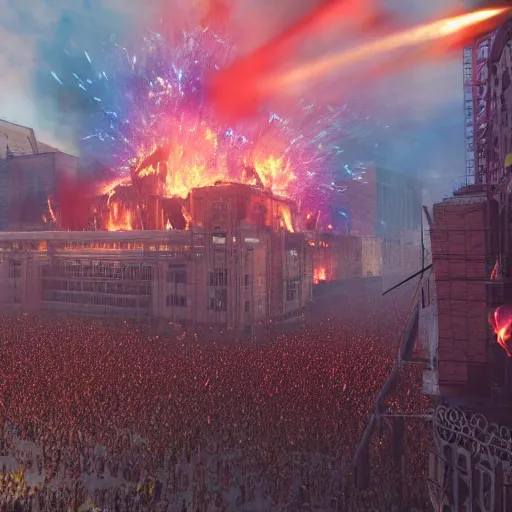 Image similar to the biggest mosh pit in the world, punks throwing Molotovs in the air, fighting, flame and fire, glowing upside cross, cinematic, epic, volumetric, godrays, dynamic lighting, dust flying up into the air, people shooting into the air with guns, octane render, photorealistic, unreal engine, artstation, artstation trending, artstation hq, artstation hd, Pinterest, 8k, ultra detailed, ultra realistic,