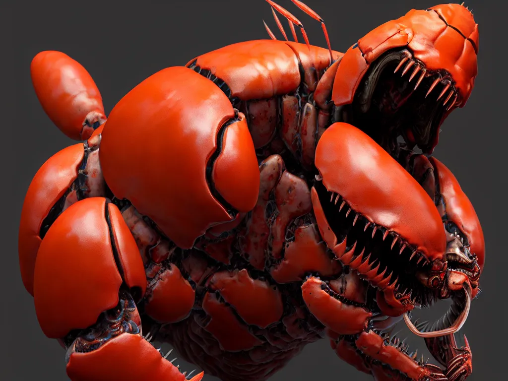 Image similar to doom, crustacean, isopod, muscular body, chiroptera head, chiroptera ears, big sharp teeth, hyperrealism, artstation, cgsociety, zbrush, no background