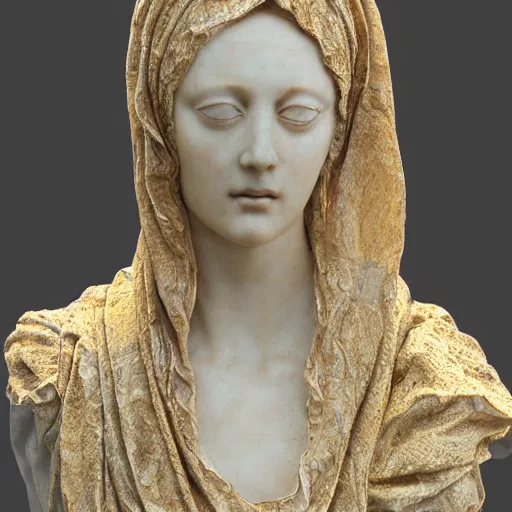 Image similar to a masterpiece marble sculpture of the veiled virgin, subsurface cracks, !dramatic !face, !female, covered in intricate !detailed golden !!streaked veil , physically based rendering, photo realistic, top light , dark background