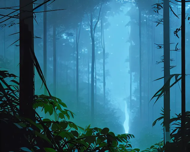 Image similar to glowing eyes in dark rainforest bushes, makoto shinkai, darkness, raining night, storm, tom whalen, artstation