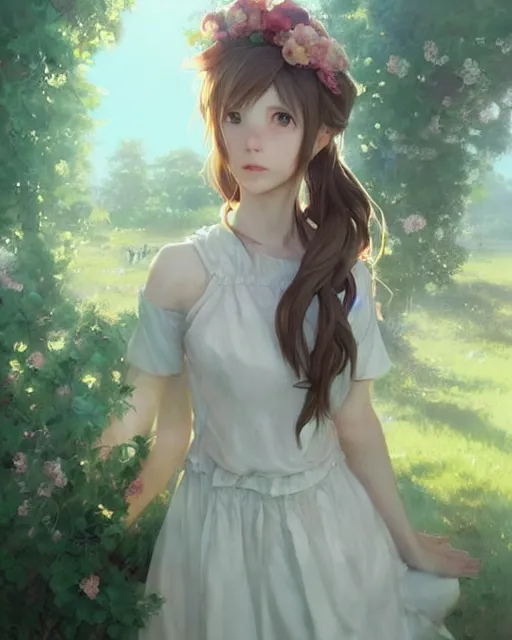 Image similar to aerith gainsborough in a cottagecore dress, portrait, illustration, rim light, top light, perfectly shaded, spring time, slight overcast lighting, soft painting, art by krenz cushart and wenjun lin