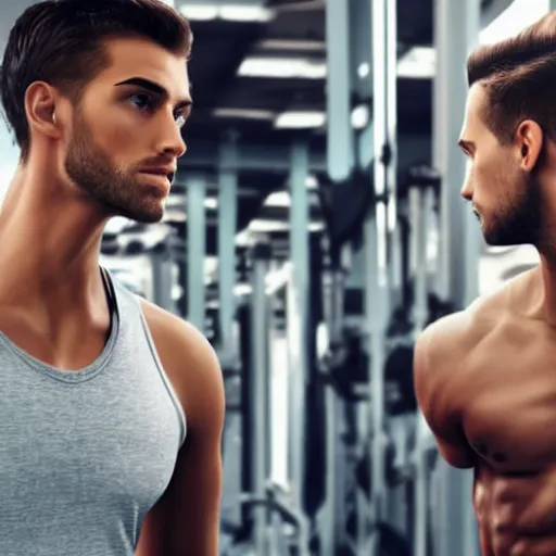 Prompt: a realistic detailed photo of a guy who is an attractive humanoid who is half robot and half humanoid, who is a male android, attractive and handsome jogger, shiny skin, posing like a statue, blank stare, in a factory, on display, showing off his muscles, wearing gym shorts, side view, looking at each other mindlessly