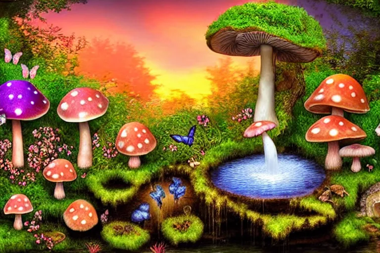 an enchanted mushroom garden with waterfalls, | Stable Diffusion | OpenArt