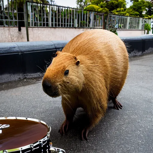 Prompt: high resolution photo of a capybara playing a jazz drum set, wide angle, 2 8 mm