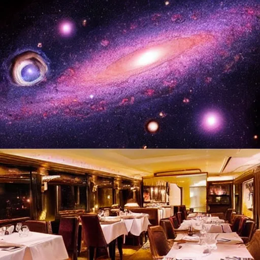 Prompt: the restaurant at the end of the universe, fancy French restaurant, Milky Way galaxy, stars, cosmos, black hole consuming everything, apocalypse, end of the world, beautiful, astounding, outer space, supernova,