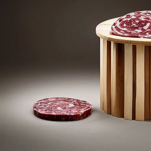 Prompt: a round bench made of salami, studio photography, 5 0 mm