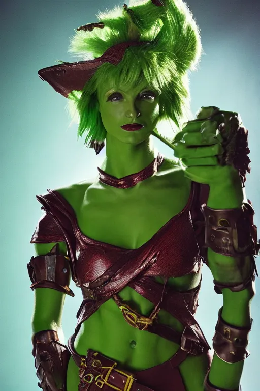 Prompt: a green-skinned female DND verdan, high resolution film still, 8k, HDR colors, cosplay, studio lighting, photo by bruce weber