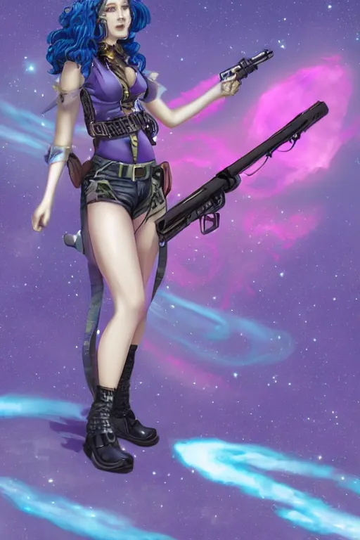 Prompt: Concept art of a beautiful space cowgirl holding a rifle. Vaporwave