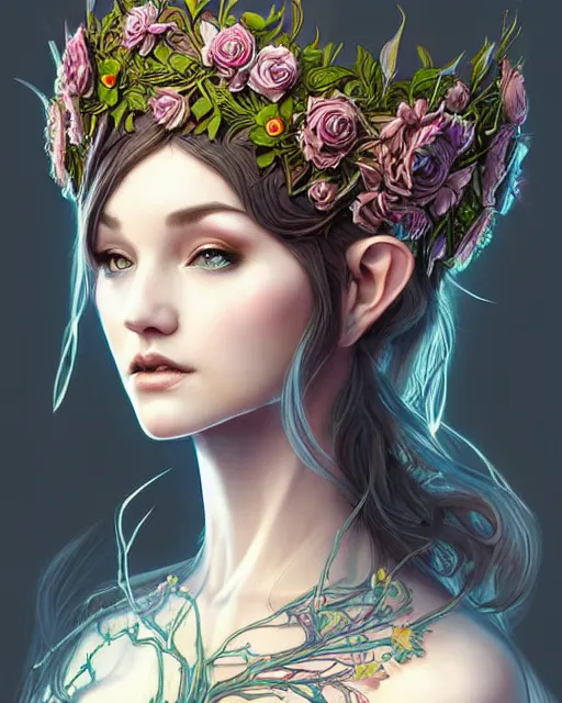 Image similar to digital art, centered head of elven bride with short hair, vivid flower crown ,body made with intricate roots, by James Jean and by artgerm, by ross tran , ultradetailed, charachter design, concept art, trending on artstation,