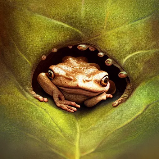 Image similar to soulful long shot of a crazy toad baby hiding under a leaf, by esao andrews, by m. w. kaluta, ultra humorous illustration, small depth of field, perspective perception, volumetric light, psychedelic colors, 3 d octane render, 8 k, conceptart, hyperdetailed, hyperrealistic, trending on artstation