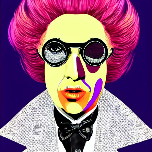 Image similar to graphic illustration, creative design, lady gaga as willy wonka, biopunk, francis bacon, highly detailed, hunter s thompson, concept art