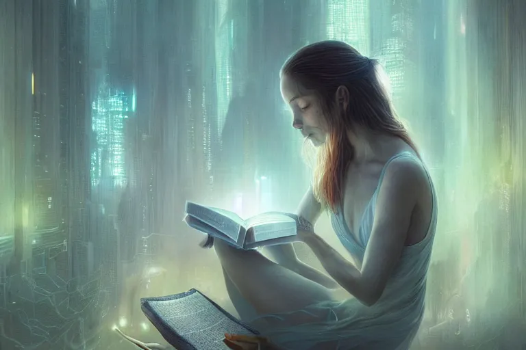 Prompt: breathe into euphoria, a girl reading a book, altered carbon, dreamy ethereal vibe, atmospheric, detailed intricate render, fibbonacci, detailed illustration, hd, 4 k, digital art, overdetailed art, surrealistic, by greg rutkowski, by loish, laura sava, slavic traditional trending on artstation, deviantart