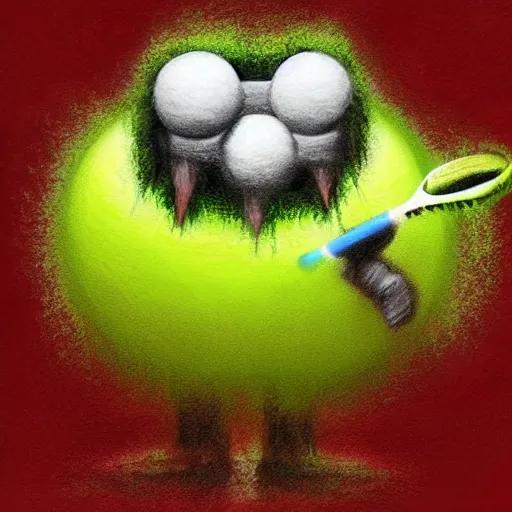 Image similar to a tennis ball monster, tennis ball, dark, chalky, monk, digital art, fantasy, magic, trending on artstation, ultra detailed, professional illustration by Basil Gogos