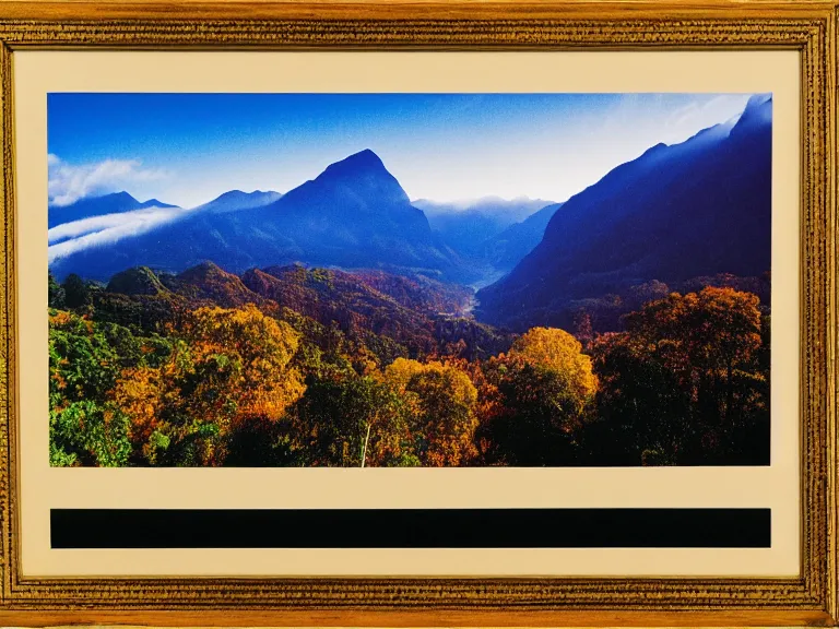 Image similar to 35mm film still magic morning light over mountains, autum, mist in valley, tropical forest, moody, by Alex grey