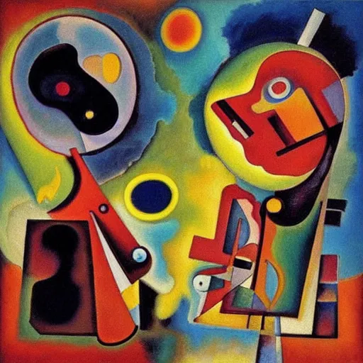 Image similar to Oil painting by Kandinsky. Two mechanical gods with animal faces having a conversation. Oil painting by Dali.