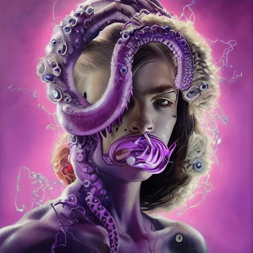 Prompt: art portrait of a furious girl with purple tentacles on her head, and purple eyes, 8k,by tristan eaton, Stanley Artgermm,Tom Bagshaw,Greg Rutkowski,Carne Griffiths,trending on DeviantArt, face enhance,hyper detailed ,full of colour,